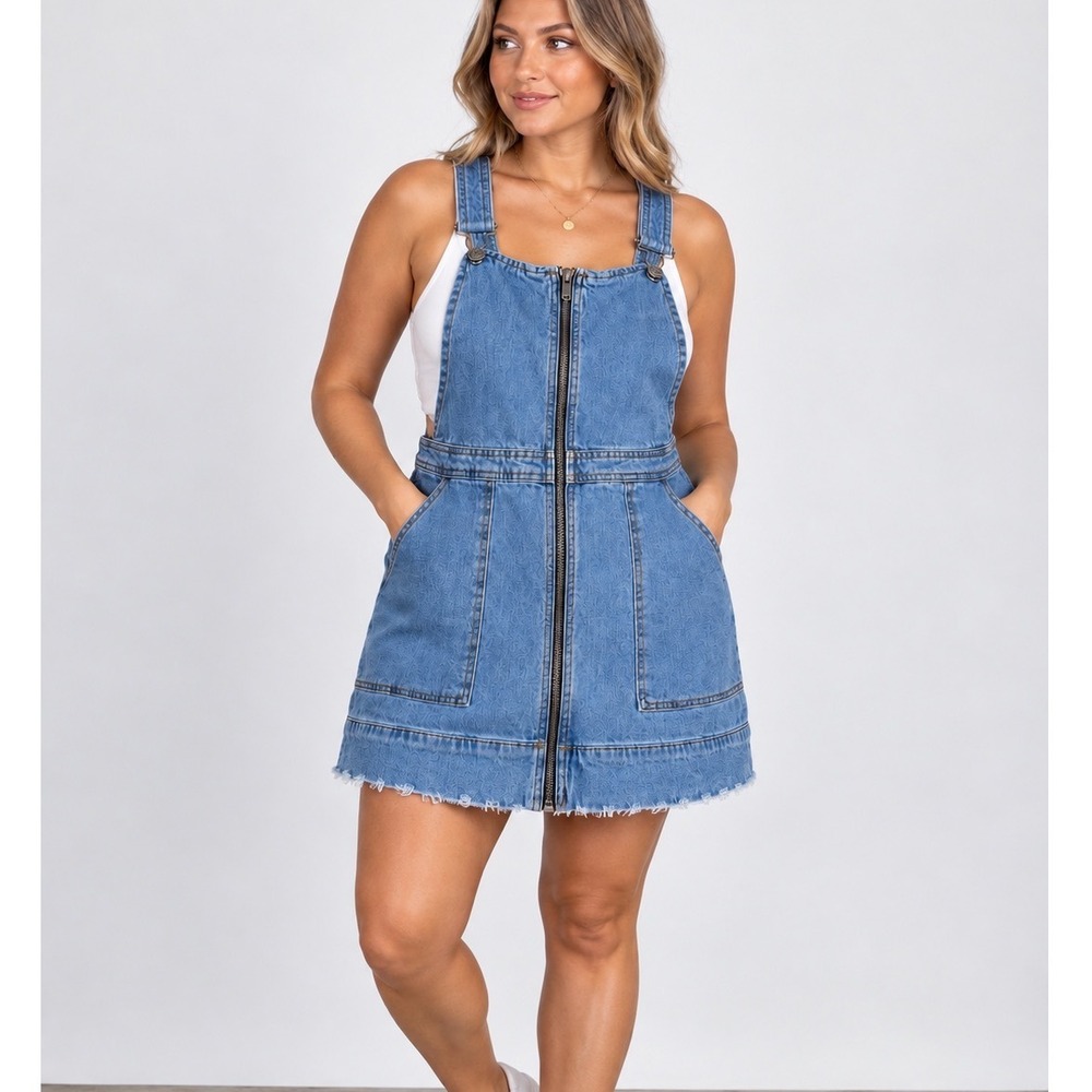 Wild Fable Denim Zip Front Pinafore Dress Blue Medium Wash Frayed Hem Large